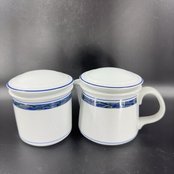 Dansk New Scandia Porcelain Trellis Floral Sugar And Creamer Blue White Set 2 - Picture 8 of 14